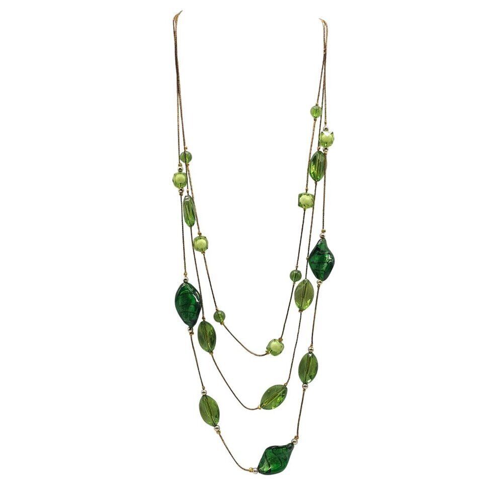 Vintage Green Glass Beaded Triple-Strand Necklace With Gold-Tone Chain